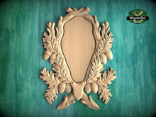 Load image into Gallery viewer, Wooden Medallion Onlay, Rustic Oak and Acorn Design, Wood Onlay with Acorn Motif, 1 pc, Unpainted, Home Wall Embellishments, wooden trims
