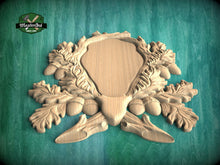 Load image into Gallery viewer, Wooden Medallion Onlay, Rustic Oak and Acorn Design, Wood Onlay with Acorn Motif, 1 pc, Unpainted, Home Wall Embellishments, wooden trims
