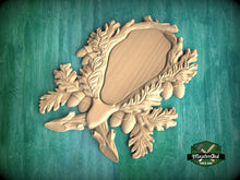 Load image into Gallery viewer, Wooden Medallion Onlay, Rustic Oak and Acorn Design, Wood Onlay with Acorn Motif, 1 pc, Unpainted, Home Wall Embellishments, wooden trims
