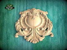 Load image into Gallery viewer, Classic Wooden Shield Onlay, Artisanal Baroque Flourishes for Prestigious Interiors, 1 pc, Unpainted, Home Wall Embellishments, wooden trims
