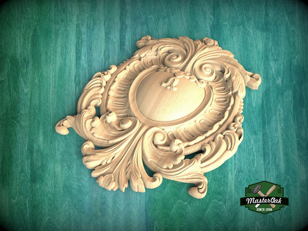 Classic Wooden Shield Onlay, Artisanal Baroque Flourishes for Prestigious Interiors, 1 pc, Unpainted, Home Wall Embellishments, wooden trims