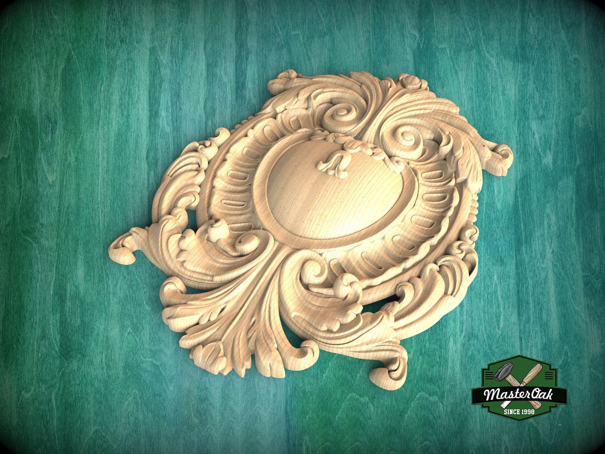 Classic Wooden Shield Onlay, Artisanal Baroque Flourishes for Prestigious Interiors, 1 pc, Unpainted, Home Wall Embellishments, wooden trims