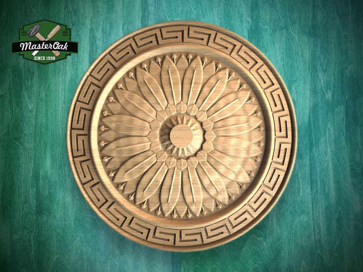 Sunburst Elegance: Greek Key Round Wooden Rosette, 1 pc, Unpainted, Decorative Rosettes, Home Wall Embellishments, round wooden trims
