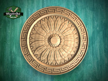 Load image into Gallery viewer, Sunburst Elegance: Greek Key Round Wooden Rosette, 1 pc, Unpainted, Decorative Rosettes, Home Wall Embellishments, round wooden trims
