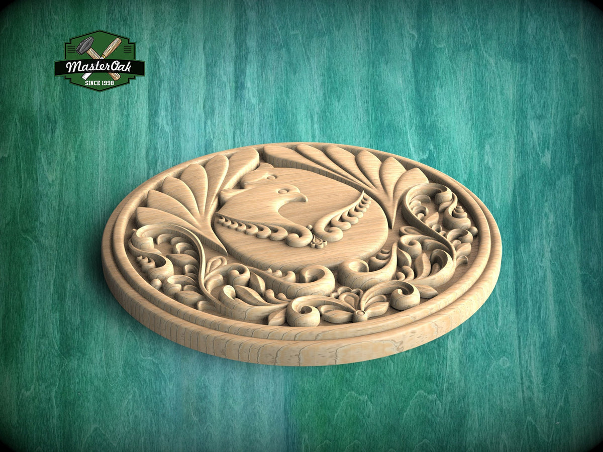 Majestic Peafowl: Regal Round Carved Wooden Rosette, 1 pc, Unpainted, Decorative Rosettes, Home Wall Embellishments, Round Wooden Onlays