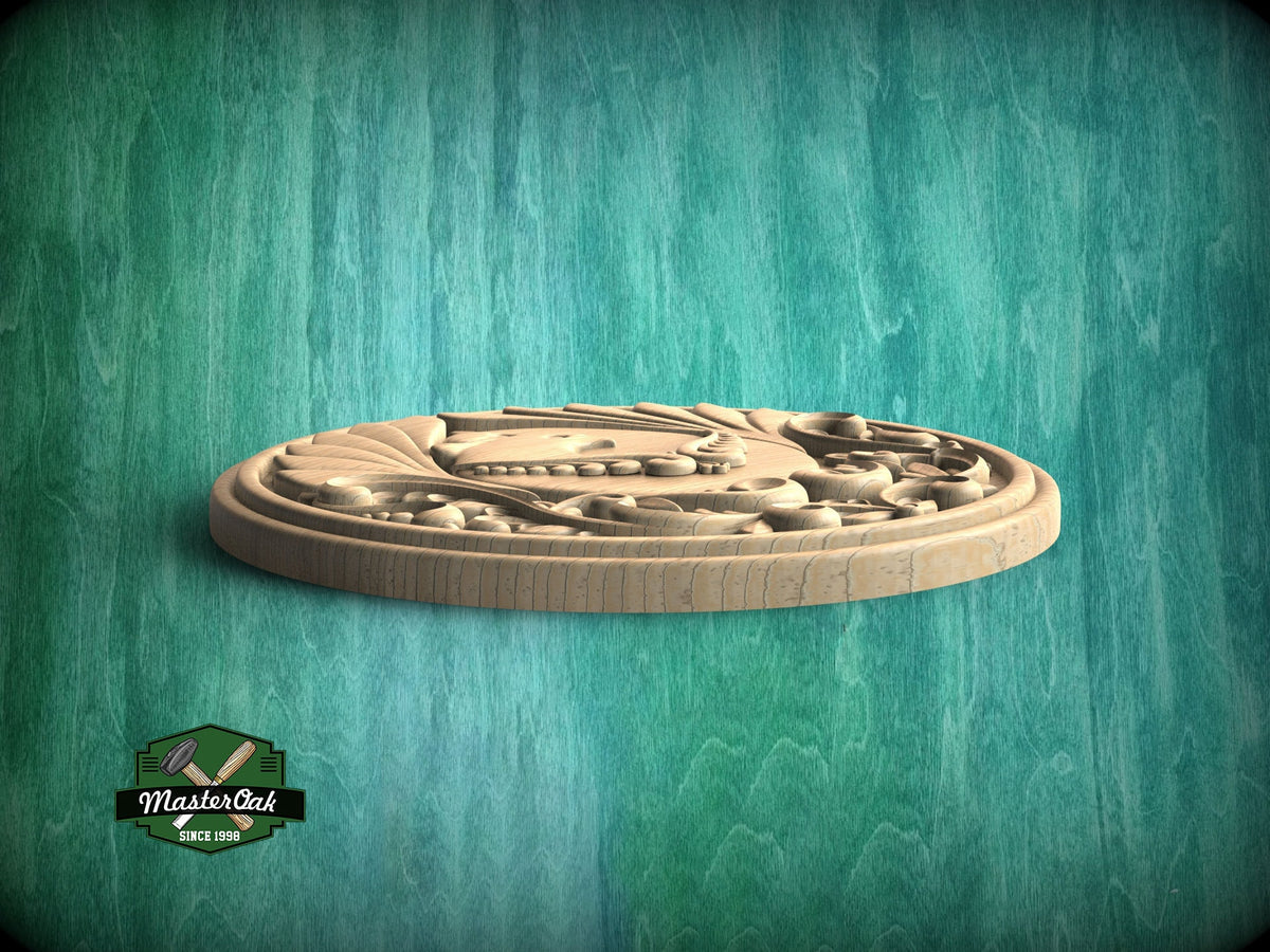 Majestic Peafowl: Regal Round Carved Wooden Rosette, 1 pc, Unpainted, Decorative Rosettes, Home Wall Embellishments, Round Wooden Onlays