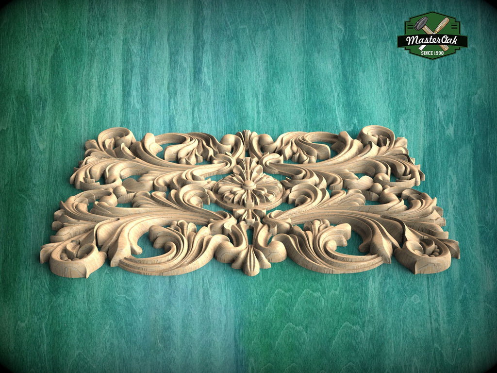 Renaissance Reverie: Exquisite Rectangular Wood Onlay, Wooden Panel, 1pc, Unpainted, Furniture Carving, Architectural Woodwork