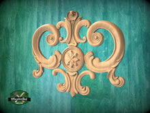 Load image into Gallery viewer, Regal Elegance: Ornamental Wooden Crest Applique, 1pc, Unpainted, Decorative Wood Trim, Wood Carved Applique Onlay, Home Wall Embellishments
