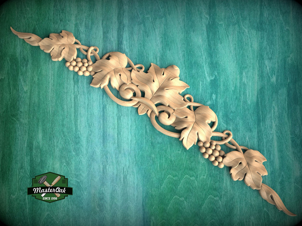 Artisanal Grapevine Carved Wood Onlay, Refined Dining Room Embellishment, 1pc, Unpainted, horizontal decor, carved decoration of wood