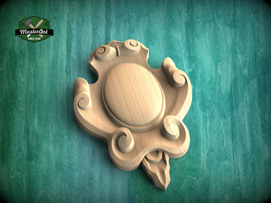 Noble Emblem: Ornate Wooden Cartouche Onlay, Unpainted, 1pc, Home Wall Embellishments, Furniture Carving
