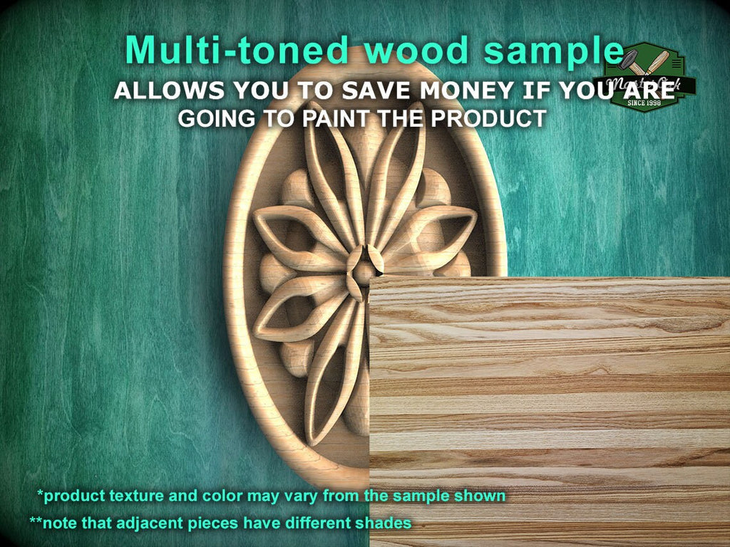 Oval Wooden Rosette with Geometric Petal Design, 1pc, Unpainted, Carved Onlay