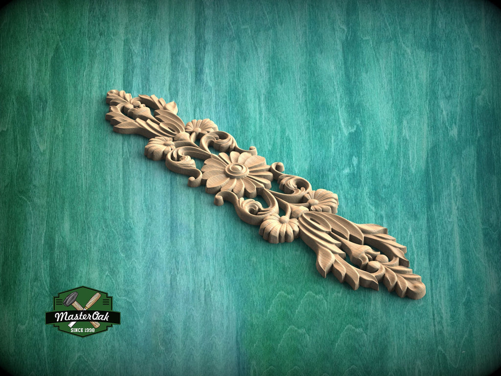 Vertical Carved Roses Wooden Applique, Romantic Floral Decor, Unfinished, 1pc,  Furniture Carving, Wood Onlay