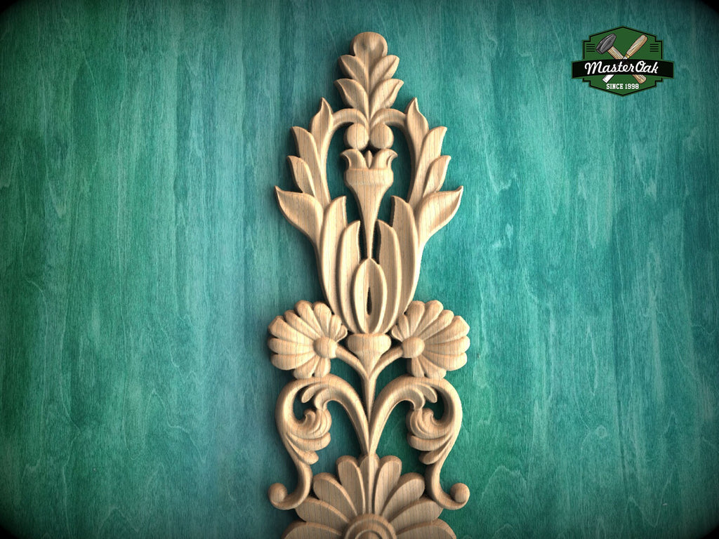 Vertical Carved Roses Wooden Applique, Romantic Floral Decor, Unfinished, 1pc,  Furniture Carving, Wood Onlay