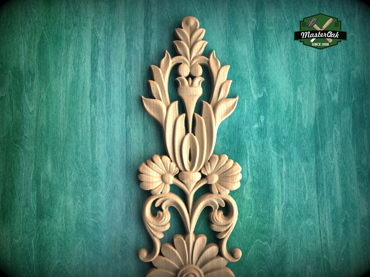Vertical Carved Roses Wooden Applique, Romantic Floral Decor, Unfinished, 1pc,  Furniture Carving, Wood Onlay