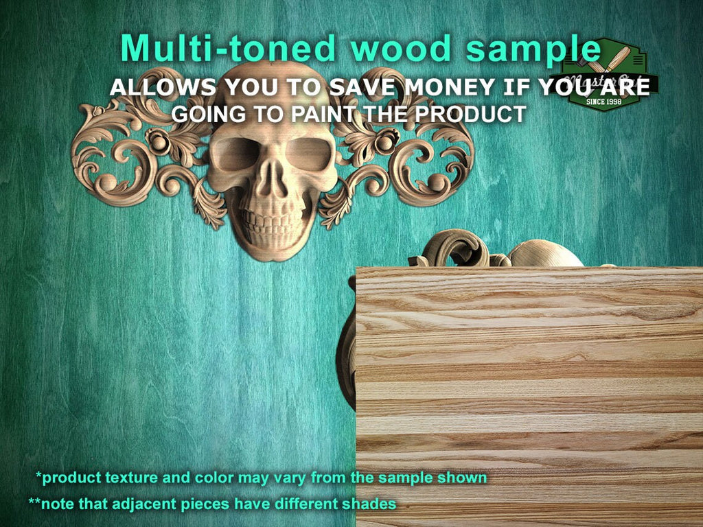Gothic Elegance Wooden Applique, 1 pc, Horizontal wooden floral center onlay with skull, horizontal decor, carved decoration of wood