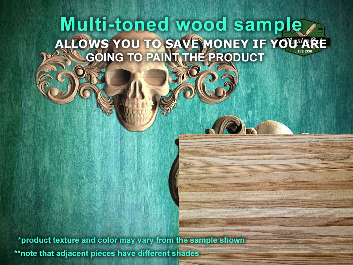 Gothic Elegance Wooden Applique, 1 pc, Horizontal wooden floral center onlay with skull, horizontal decor, carved decoration of wood