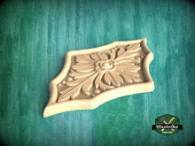 Load image into Gallery viewer, Elegant Floriate Crest: Vertical Wooden Carving, 1pc, Unpainted, Carved Onlay, Wooden Rosette, Applique furniture decor
