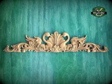 Load image into Gallery viewer, Romantic Swans Wood Carving, Symmetrical Love Design, 1pc, Unpainted, horizontal decor, carved decoration of wood, wooden onlay
