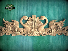 Load image into Gallery viewer, Romantic Swans Wood Carving, Symmetrical Love Design, 1pc, Unpainted, horizontal decor, carved decoration of wood, wooden onlay
