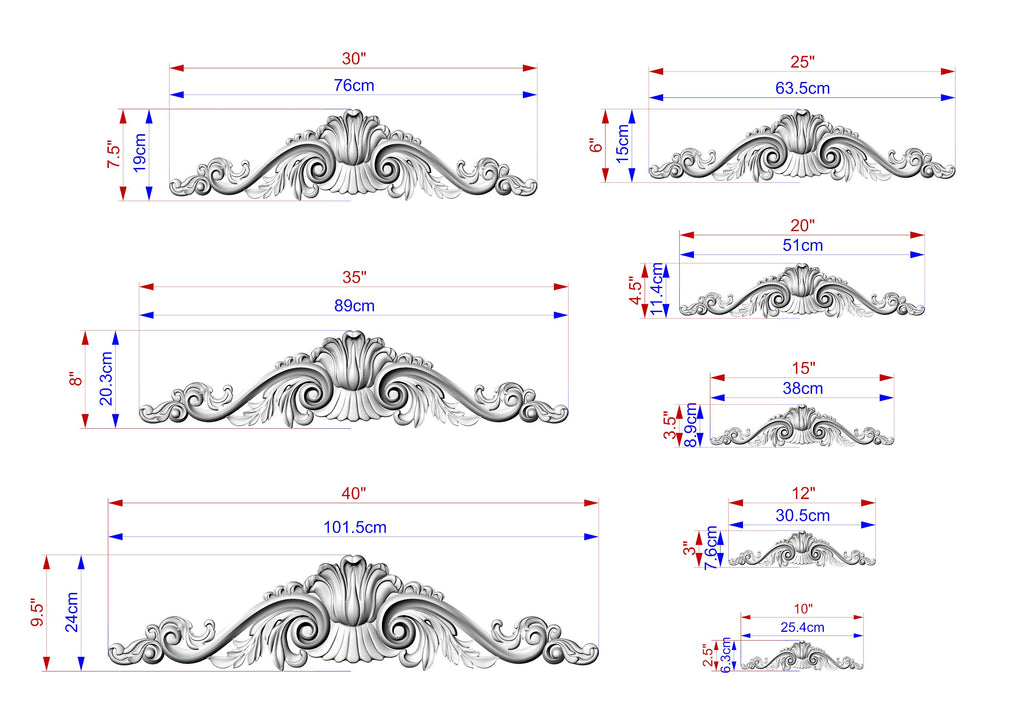 Traditional Acanthus Sweep Wooden Decorative Onlay, Wooden Carved Horizontal Furniture Applique Onlay, 1pc, Unfinished, Furniture Carving