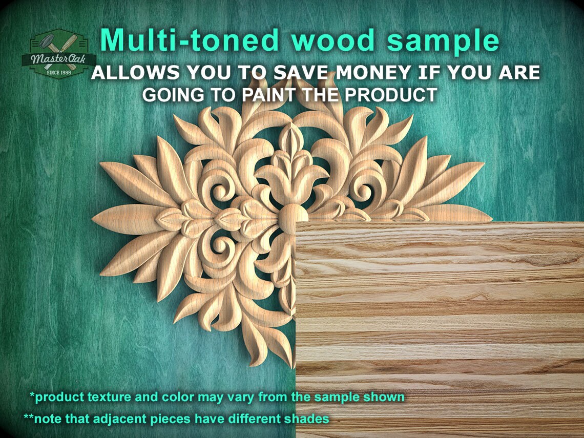 Elegant Floral Symphony Carved Wood Onlay, Natural Wood Pattern, 1 pc, Unpainted, Home Wall Embellishments, wooden trims