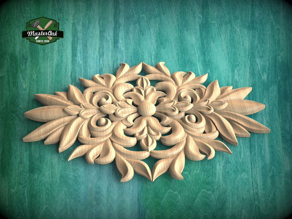Elegant Floral Symphony Carved Wood Onlay, Natural Wood Pattern, 1 pc, Unpainted, Home Wall Embellishments, wooden trims