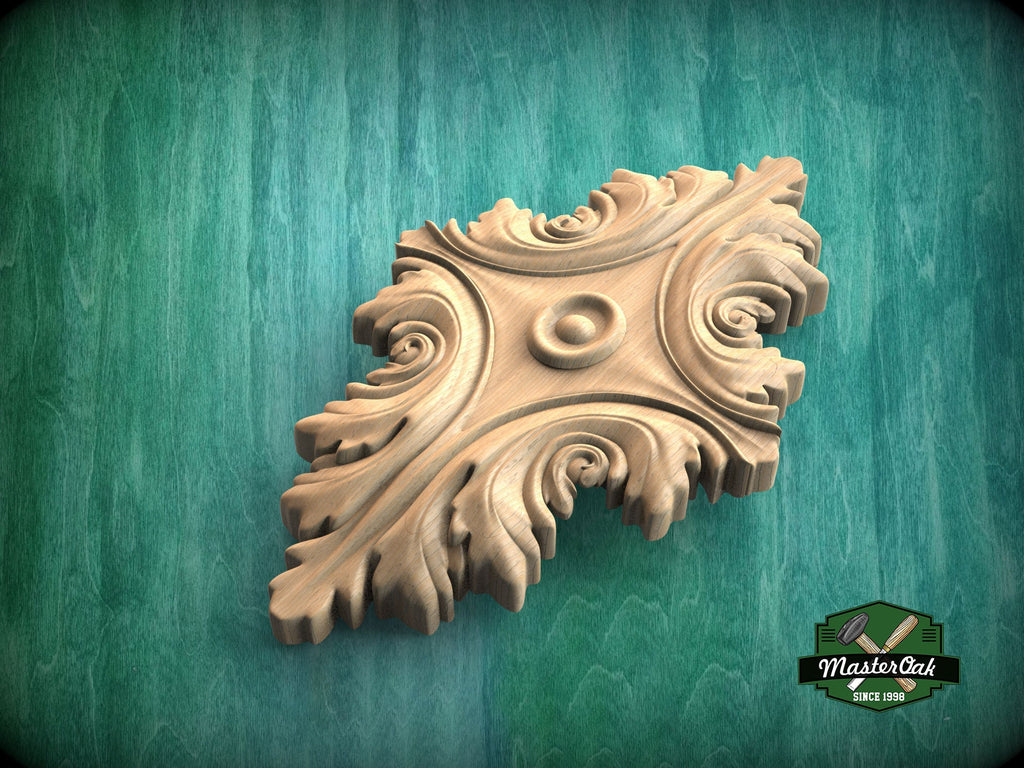 Elegant Baroque-Inspired Carved Wood Rosette Onlay, 1pc, Unpainted, Carved Onlay, Wooden Rosette, Applique furniture decor, Horizontal Onlay