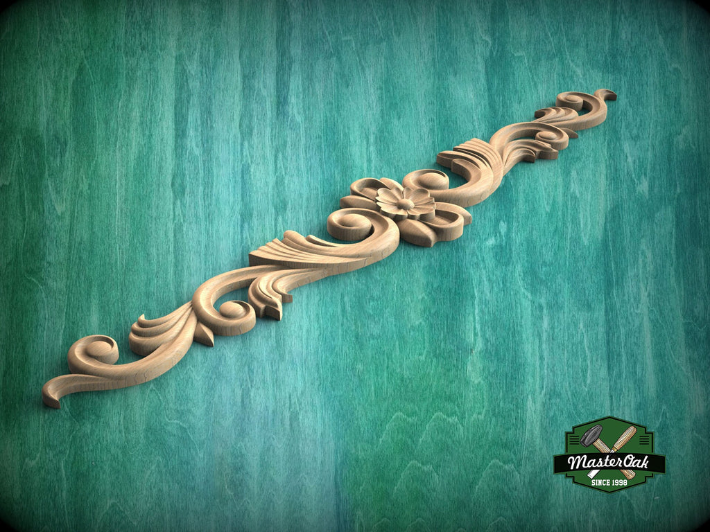 Elegant Floral and Scroll Wood Carved Onlay, Classic Furniture Embellishment, 1 piece, Unpainted, applique for fireplace surround and mantel
