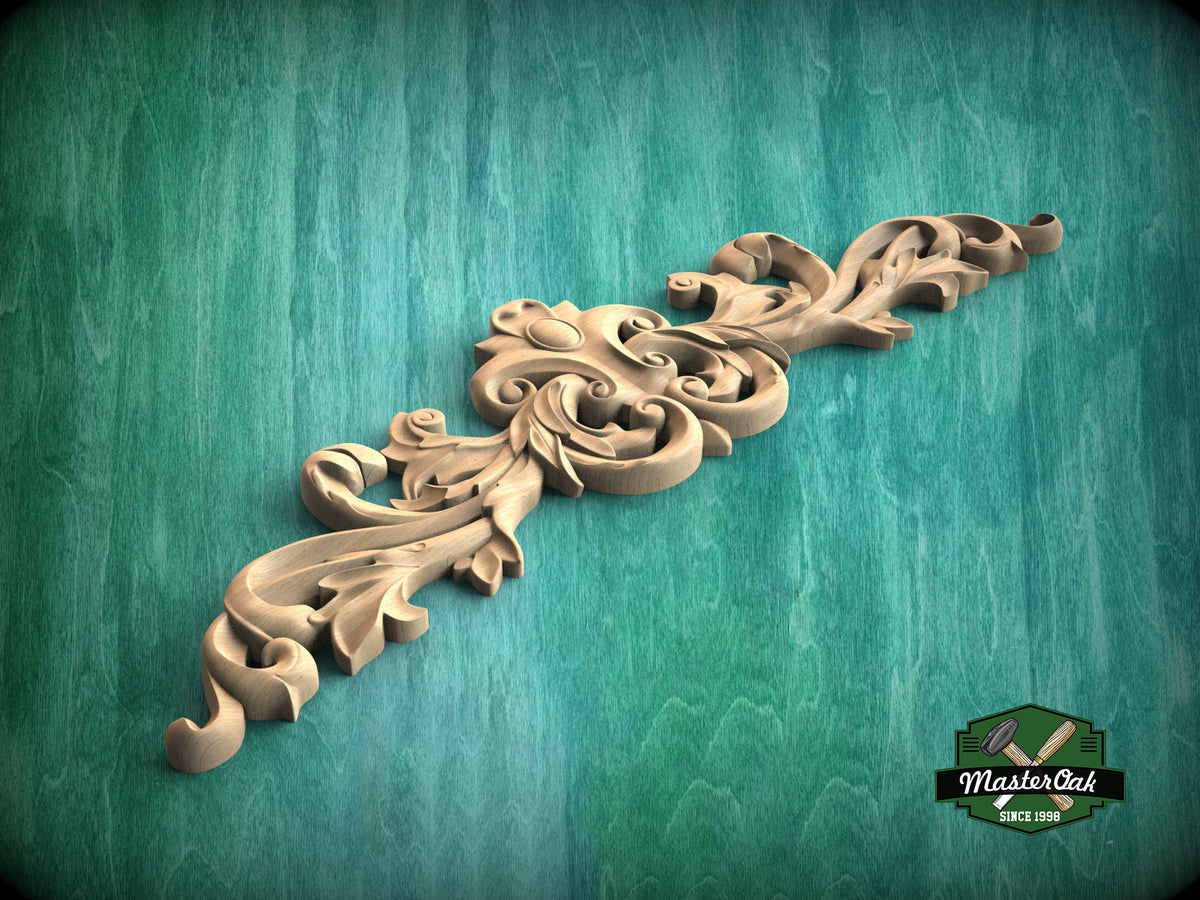 Openwork Floral Wood Applique for Interiors, Graceful Swirl Horizontal Wood Onlay, 1pc, Unpainted, Carved Wood Applique for Fireplace Mantel