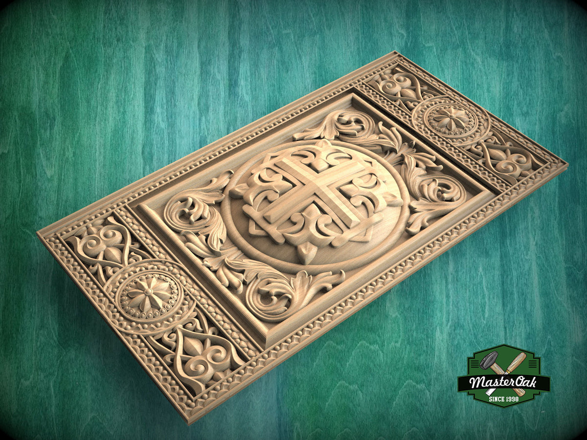 Sacred Cross Carved Wooden Church Panel, Ecclesiastical Motif Artisan Wood Carving, Carved Wood Onlay, 1pc, Unpainted, Furniture Carving