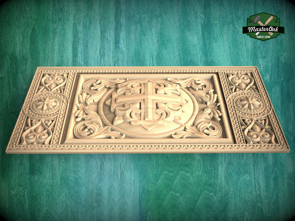 Sacred Cross Carved Wooden Church Panel, Ecclesiastical Motif Artisan Wood Carving, Carved Wood Onlay, 1pc, Unpainted, Furniture Carving