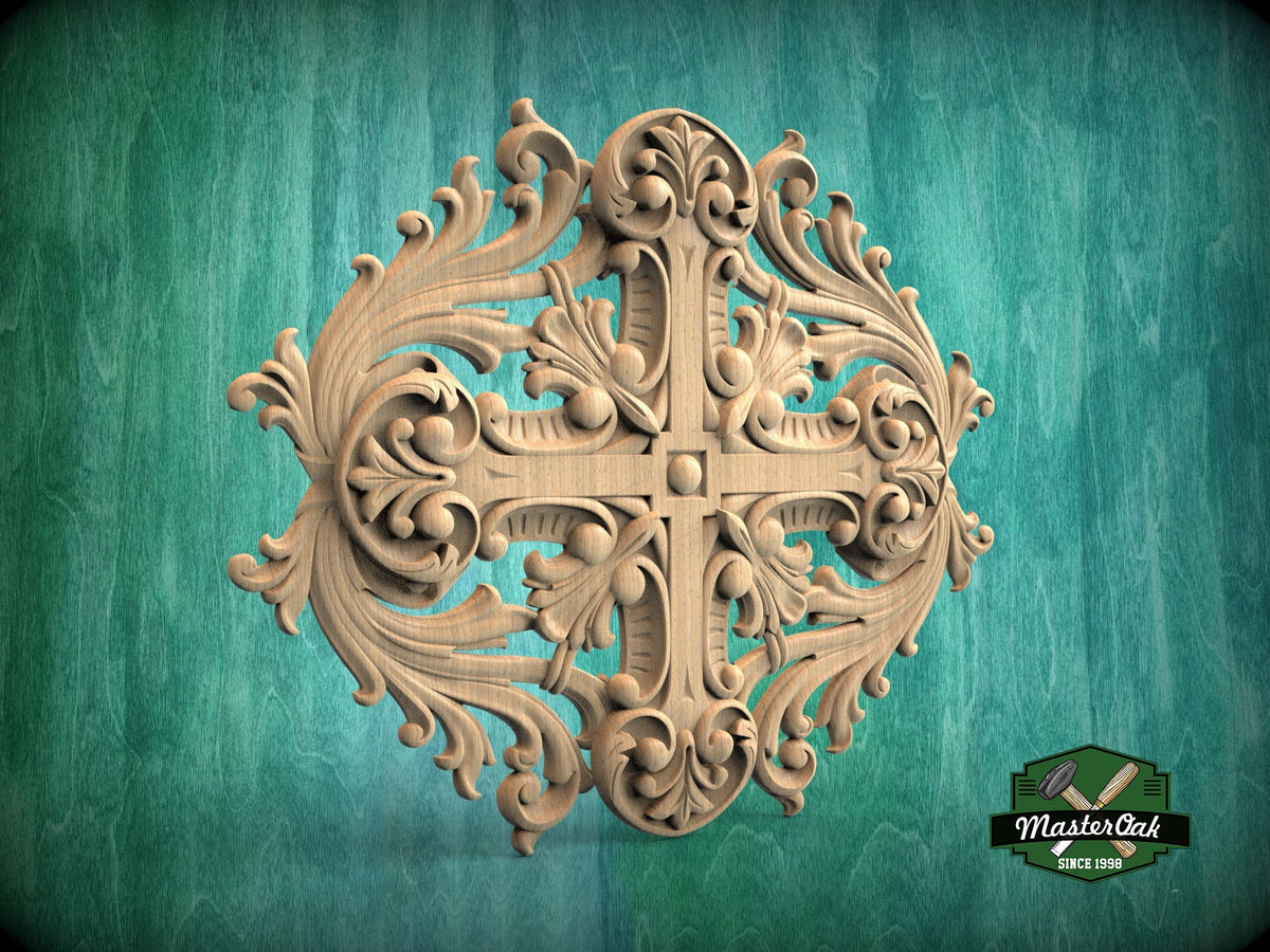 Elegant Acanthus and Cross Wood Carving, Ornamental Wood Aplique with Renaissance Inspired  Design, Unpainted, 1pc, Home Wall Embellishments