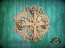 Load image into Gallery viewer, Elegant Acanthus and Cross Wood Carving, Ornamental Wood Aplique with Renaissance Inspired  Design, Unpainted, 1pc, Home Wall Embellishments
