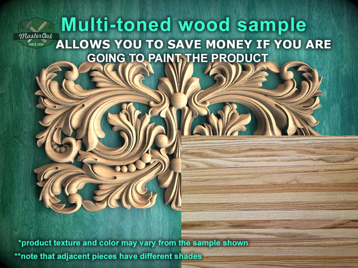 Baroque Splendor: Symmetrical Carved Wood Onlay, Wooden Panel, 1pc, Unpainted, Furniture Carving, Architectural Woodwork
