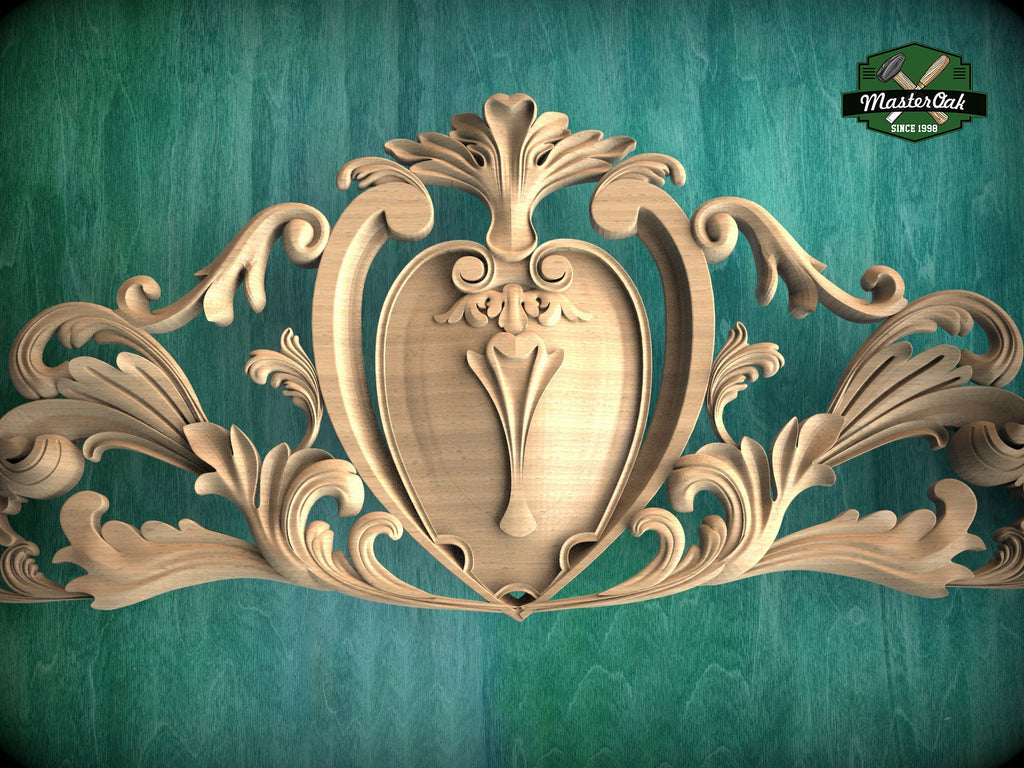 Baroque Style Carved Wood Onlay with Cartouche, Ornate Wood Crest Onlay Accent, Furniture Carving, Wood Onlay, 1pc, Unpainted