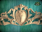 Baroque Style Carved Wood Onlay with Cartouche, Ornate Wood Crest Onlay Accent, Furniture Carving, Wood Onlay, 1pc, Unpainted