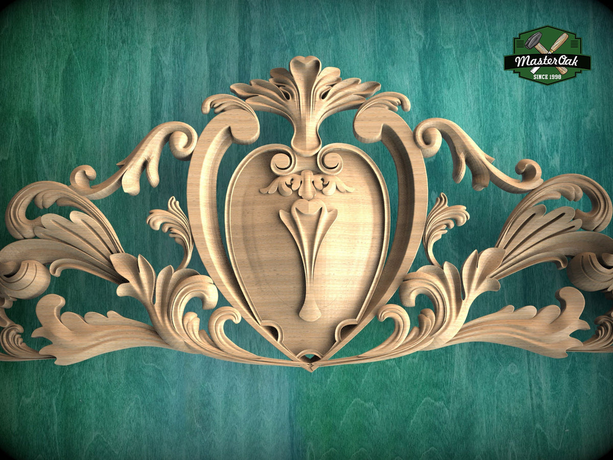 Baroque Style Carved Wood Onlay with Cartouche, Ornate Wood Crest Onlay Accent, Furniture Carving, Wood Onlay, 1pc, Unpainted