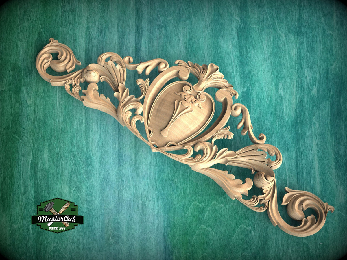 Baroque Style Carved Wood Onlay with Cartouche, Ornate Wood Crest Onlay Accent, Furniture Carving, Wood Onlay, 1pc, Unpainted