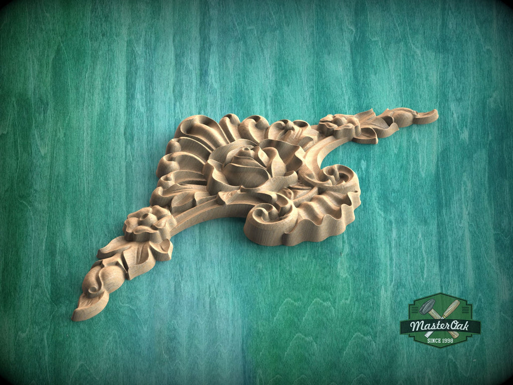 Floral Wood Applique with Rose Design -Vintage-Style Onlay, 1pc, Unpainted, Furniture Carving, Wood Onlay