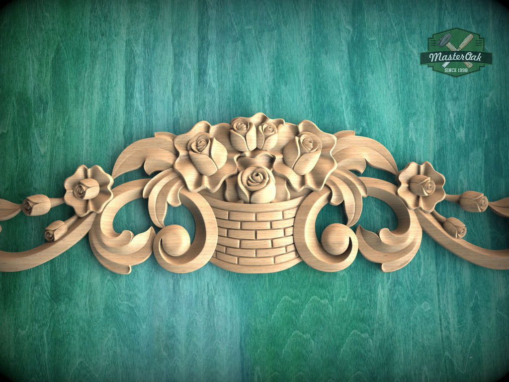Elegant Carved Wooden Rose Basket - Decorative Onlay Piece, 1pc, Unpainted, horizontal decor, carved decoration of wood, wooden onlay