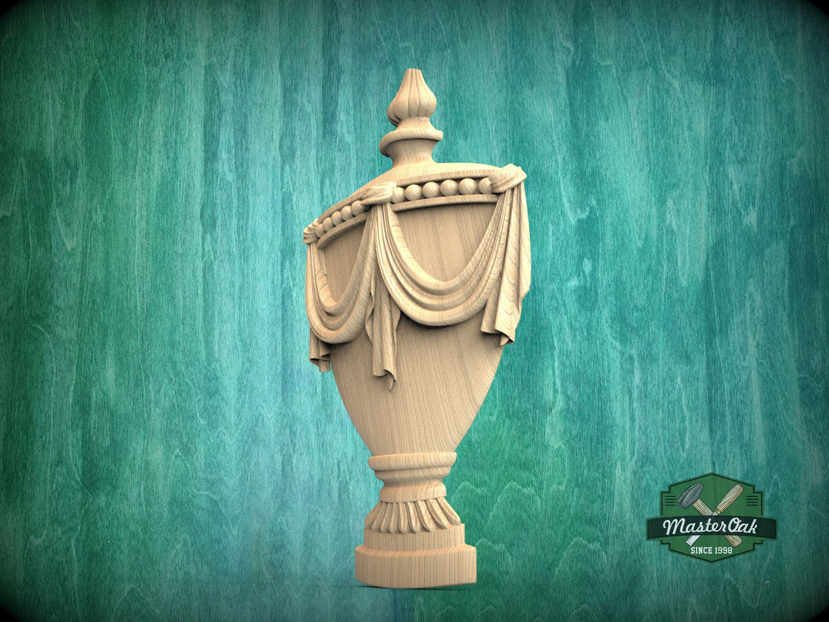 Classic Carved Urn Wood Applique - Elegant Vase Onlay, 1 pc, Unpainted, Home Wall Embellishments, Furniture Carving, Wood Onlays