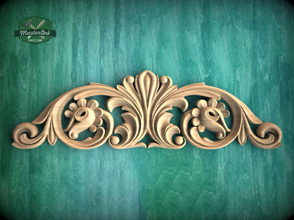 Floral Wood Carving Onlay - Ornate Scrollwork Accent Piece, 1pc, Unpainted, Home Wall Embellishments, Furniture Carving