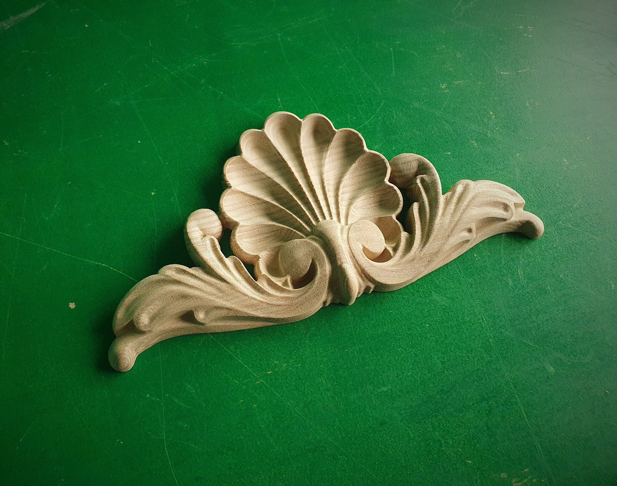 Neoclassical Shell Motif Wood Carved Onlay, Elegant Architectural Accent, 1 pc, Unpainted, decorative wood trim, Home Decor Detail
