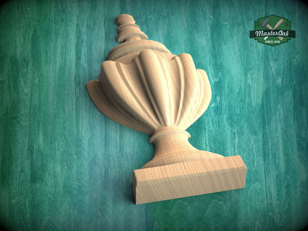 Elegant Carved Wood Finial Onlay, Vertical Urn Motif Wood Applique, Furniture Carving, Wood Onlay, 1pc, Unpainted