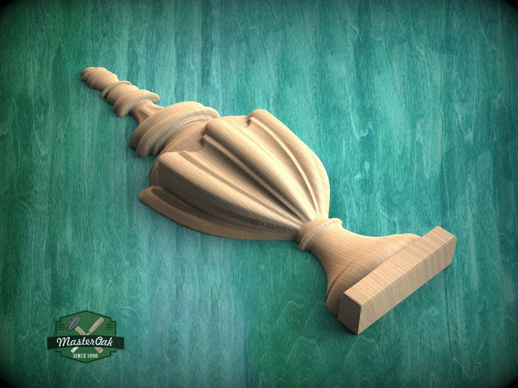 Elegant Carved Wood Finial Onlay, Vertical Urn Motif Wood Applique, Furniture Carving, Wood Onlay, 1pc, Unpainted