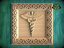 Load image into Gallery viewer, Caduceus Symbol Carved Wood Rosette, Medical Office Decor, Square Carved Decor, 1pc, Unpainted, Home Wall Embellishments, Wood Onlay
