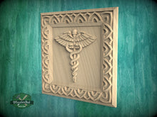 Load image into Gallery viewer, Caduceus Symbol Carved Wood Rosette, Medical Office Decor, Square Carved Decor, 1pc, Unpainted, Home Wall Embellishments, Wood Onlay
