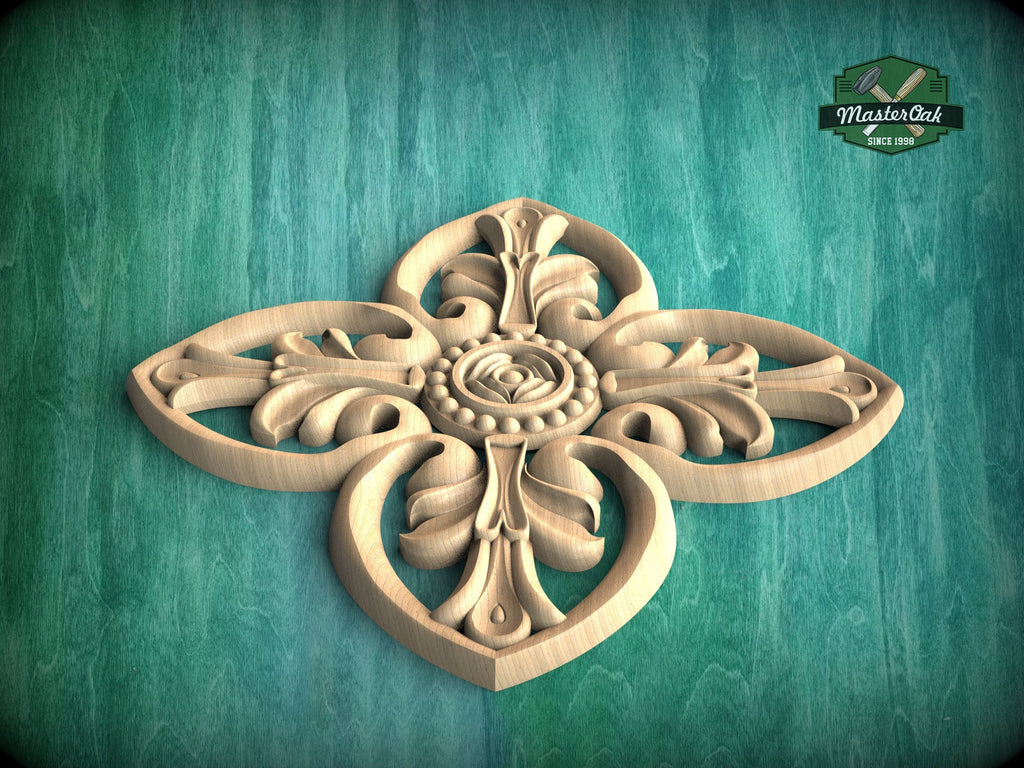 Central Rose Carved Wood Applique, Floral Wood Onlay with Rose Center, 1pc, Home Wall Embellishments, Furniture Carving, Unpainted