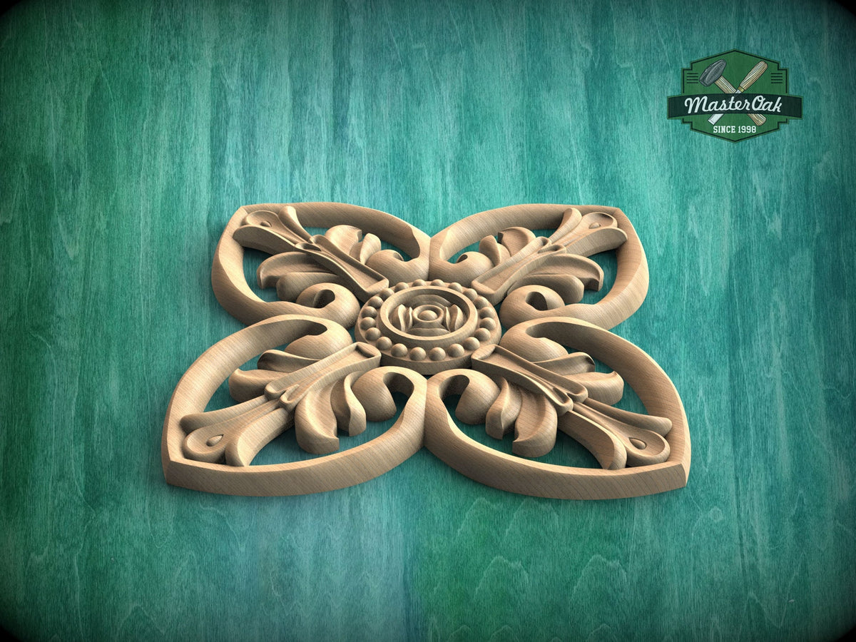 Central Rose Carved Wood Applique, Floral Wood Onlay with Rose Center, 1pc, Home Wall Embellishments, Furniture Carving, Unpainted
