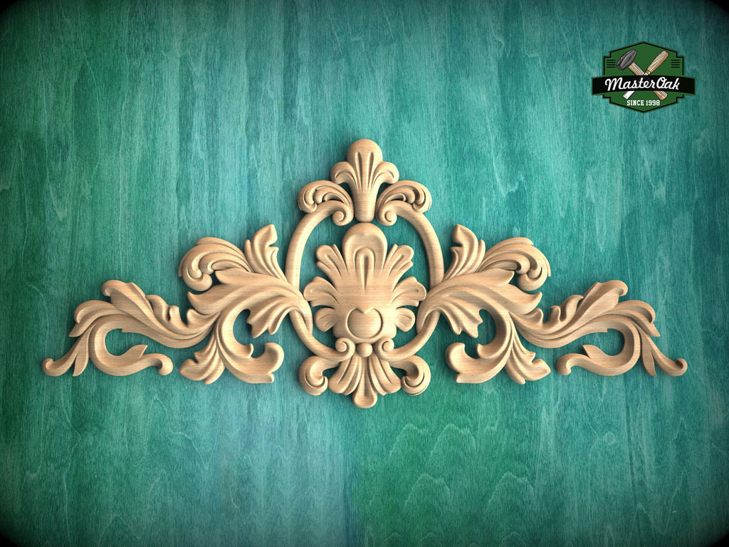 Decorative Onlay with Fleuron, Wood Carving, Unpainted, 1pc, Home Wall Embellishments, Furniture Carving, Ornamental Woodwork